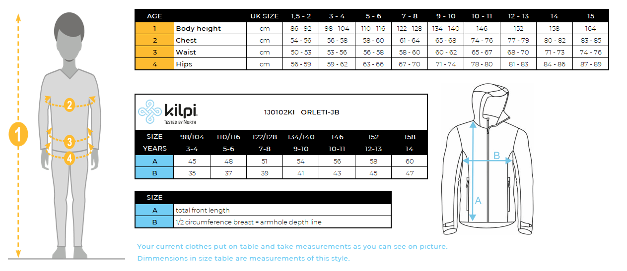 Veste outdoor garçon Kilpi ORLETI-JB – Size chart
