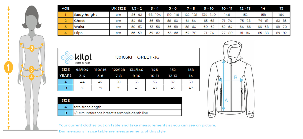 Veste outdoor fille Kilpi ORLETI-JG – Size chart