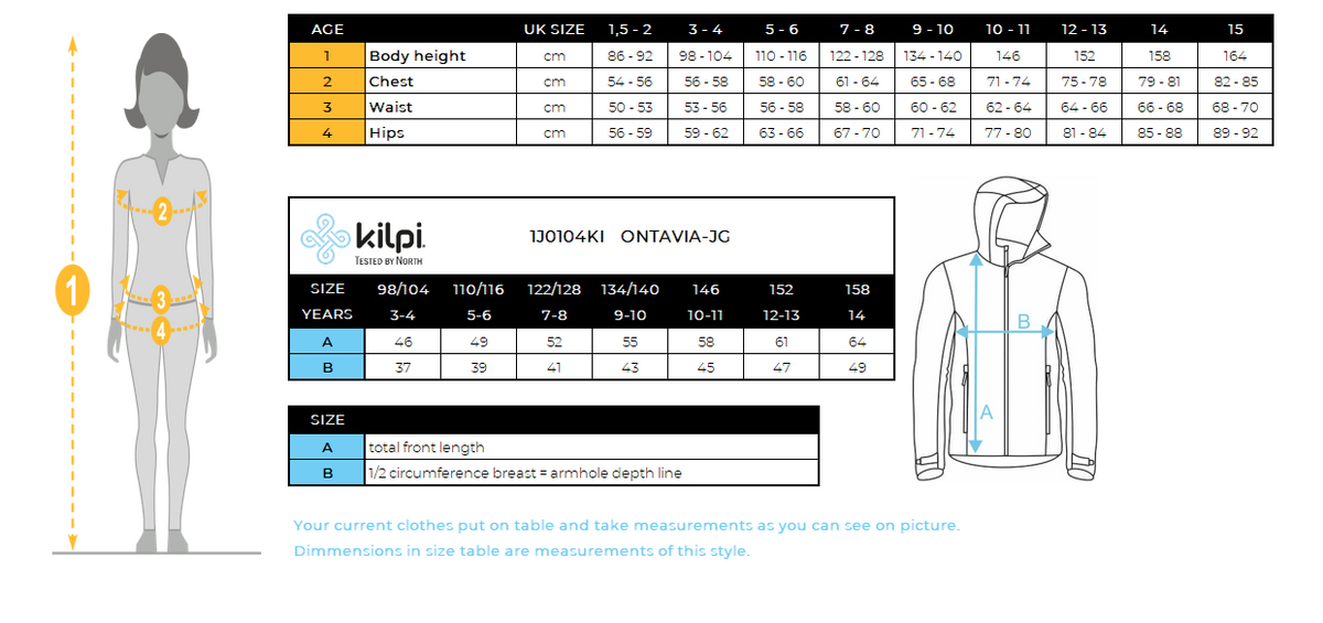Girl's softshell jacket Kilpi ONTAVIA-JG – Size chart