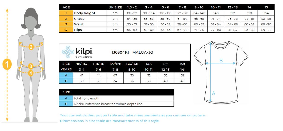 T-shirt fille en coton Kilpi MALGA-JG – Size chart