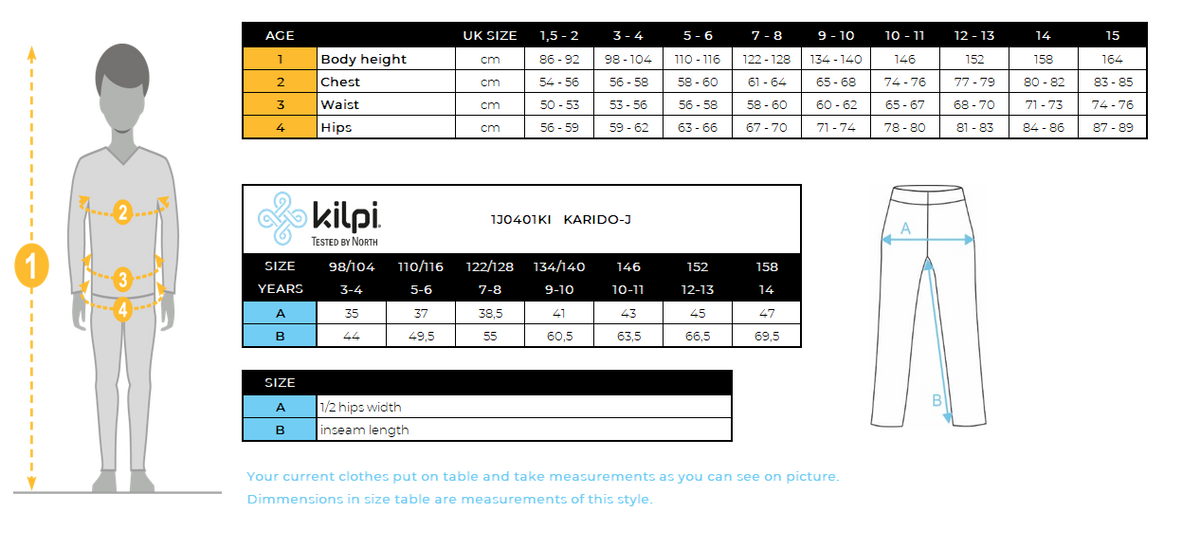 Pantalon outdoor enfant Kilpi KARIDO-J – Size chart
