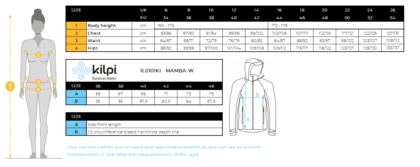 FEMMEla veste imperméable hardshell de Kilpi MAMBA-W – Size chart