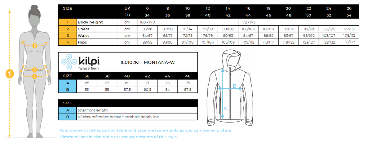 Women's membrane jacket Kilpi MONTANA-W – Size chart