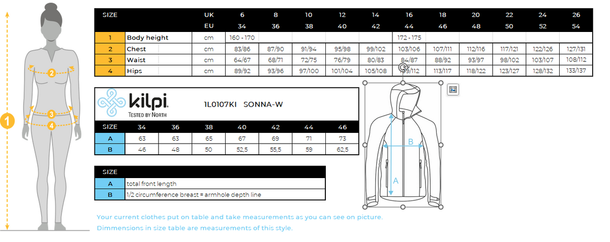 FEMMEla veste d'extérieur Kilpi SONNA-W – Size chart