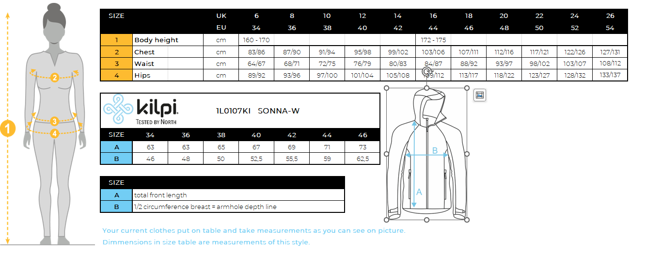 FEMMEla veste d'extérieur Kilpi SONNA-W – Size chart