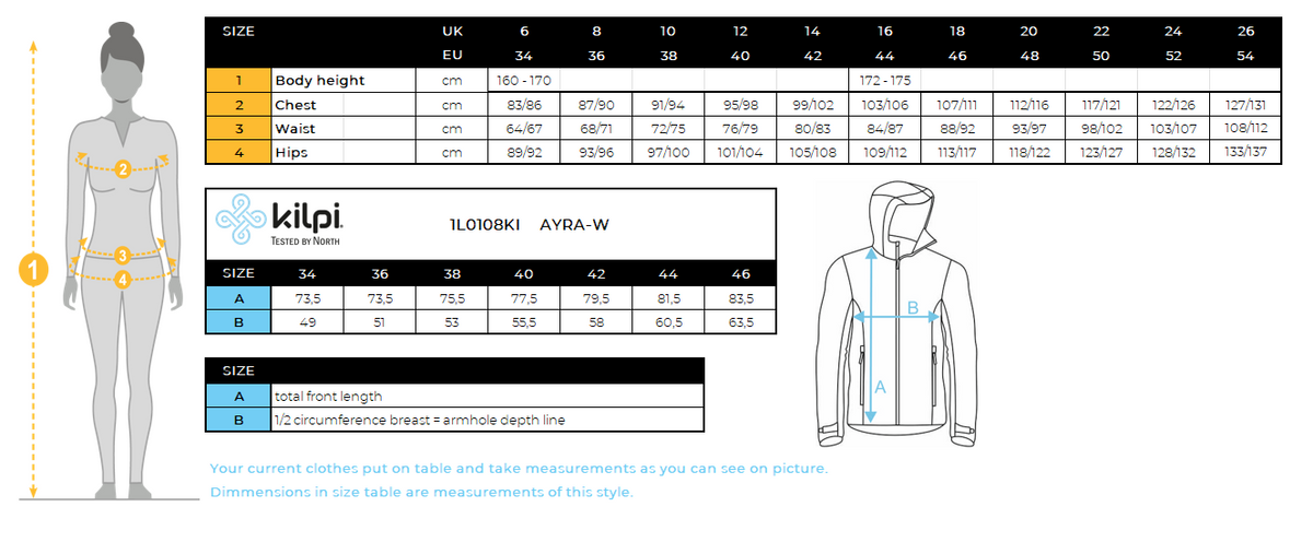 Women's outdoor coat Kilpi AYRA-W – Size chart