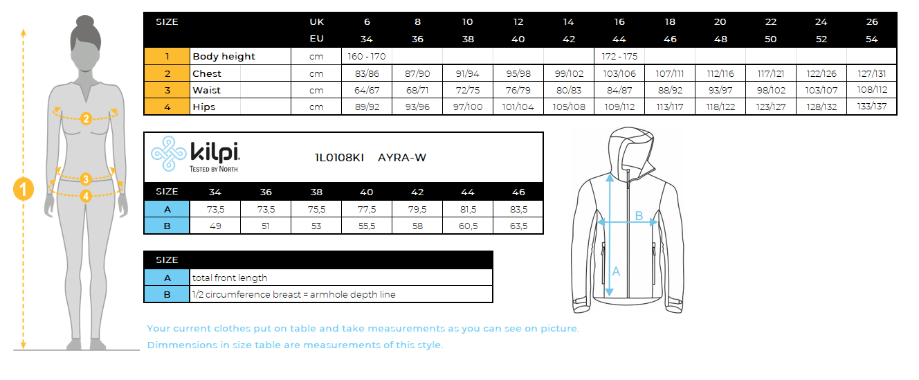 Women's outdoor coat Kilpi AYRA-W – Size chart