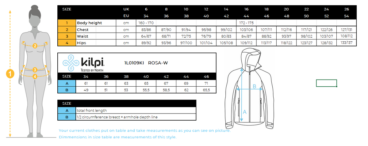 FEMMEla veste coupe-vent légère Kilpi ROSA-W – Size chart