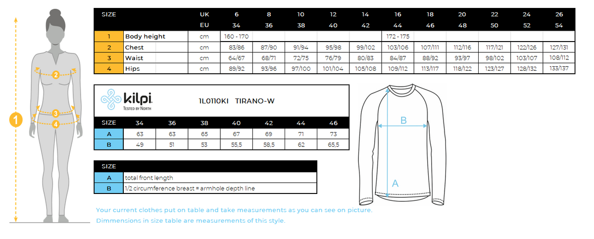 Women's running jacket Kilpi TIRANO-W – Size chart
