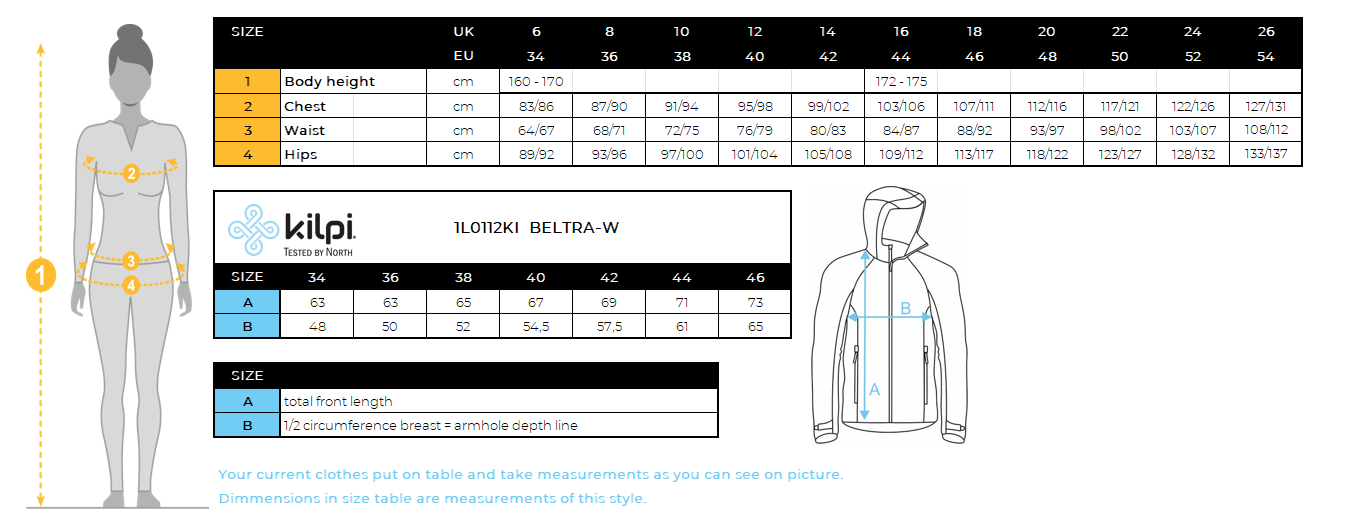 Women's softshell jacket Kilpi BELTRA-W – Size chart