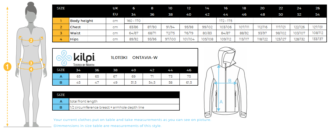 Women's softshell jacket Kilpi ONTAVIA-W – Size chart