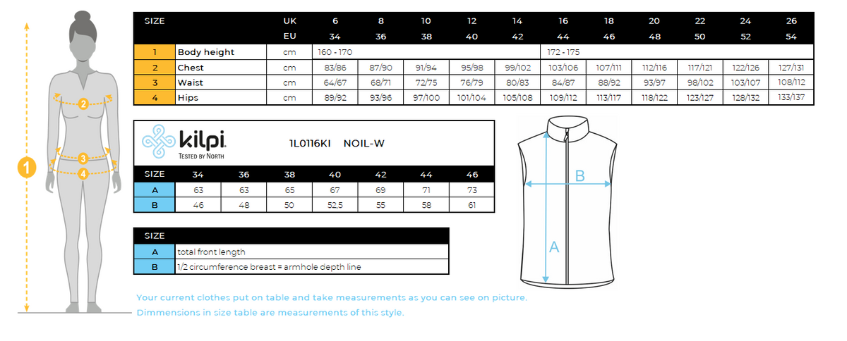 FEMMEle gilet softshell de Kilpi NOIL-W – Size chart