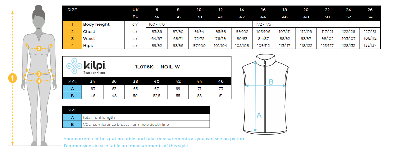 FEMMEle gilet softshell de Kilpi NOIL-W – Size chart