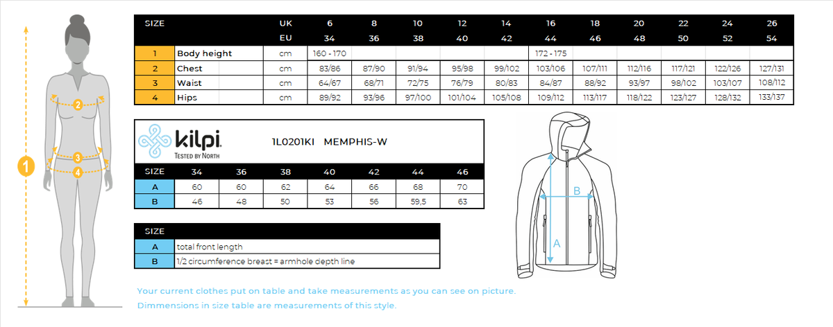 Women's functional sweatshirt Kilpi MEMPHIS-W – Size chart