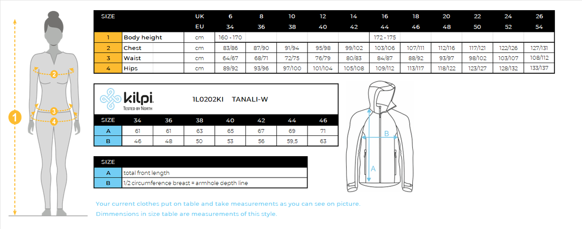 FEMMEle sweat technique de Kilpi TANALI-W – Size chart
