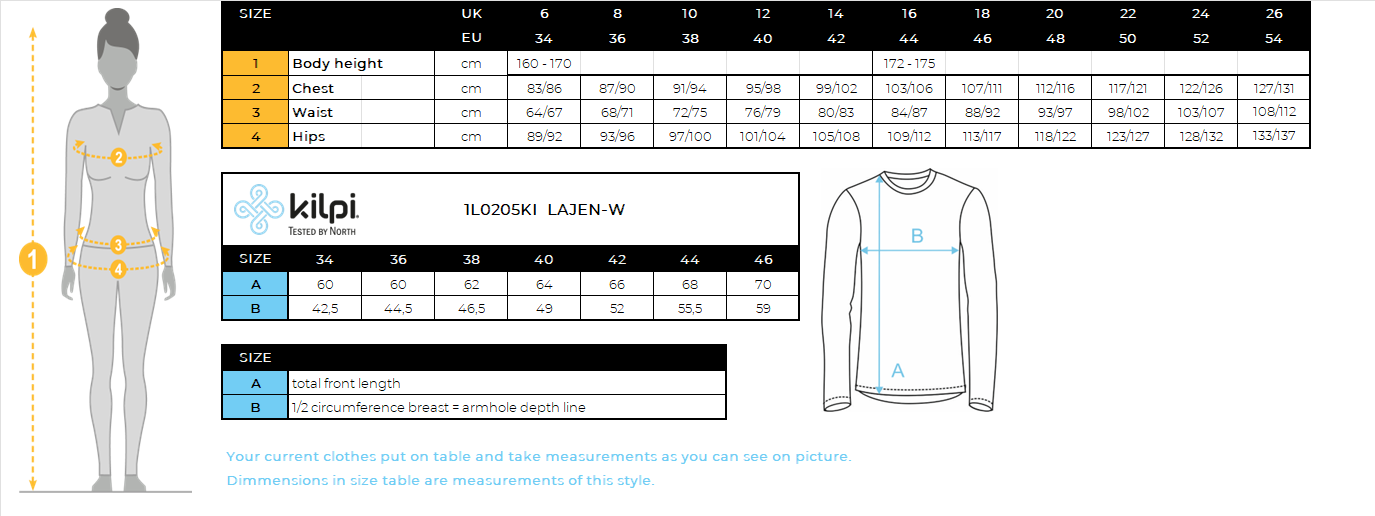 FEMMEc'est sportif middle couche Kilpi LAJEN-W – Size chart