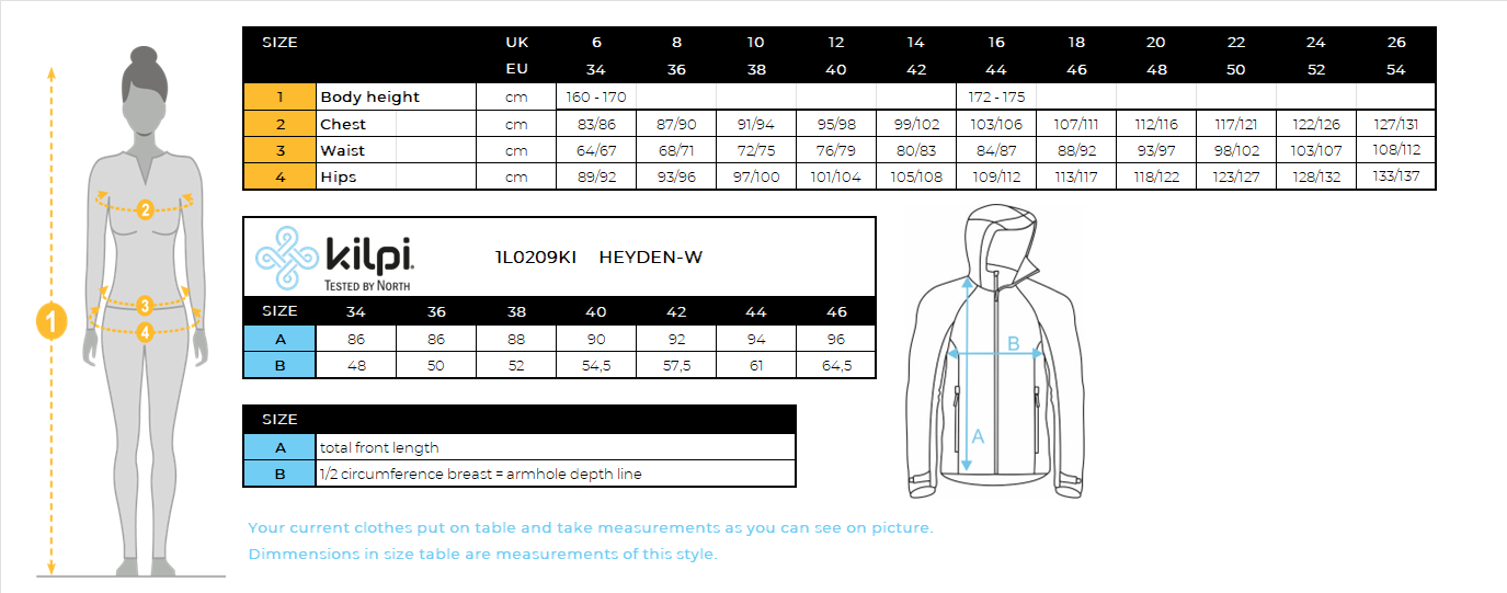 Women's long sweatshirt with hood Kilpi HEYDEN-W – Size chart
