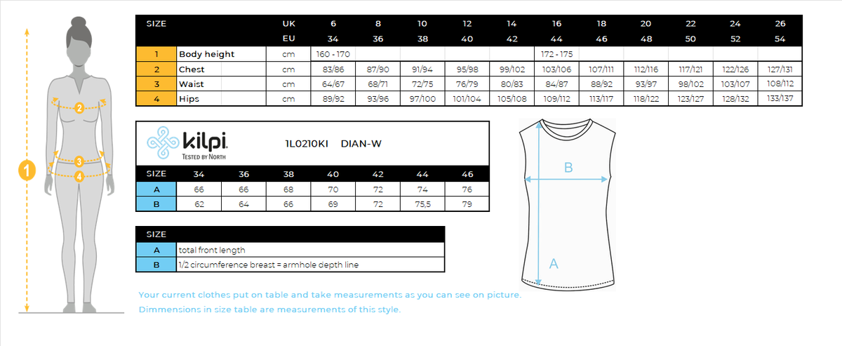 FEMMEle sweat à capuche Kilpi DIAN-W – Size chart