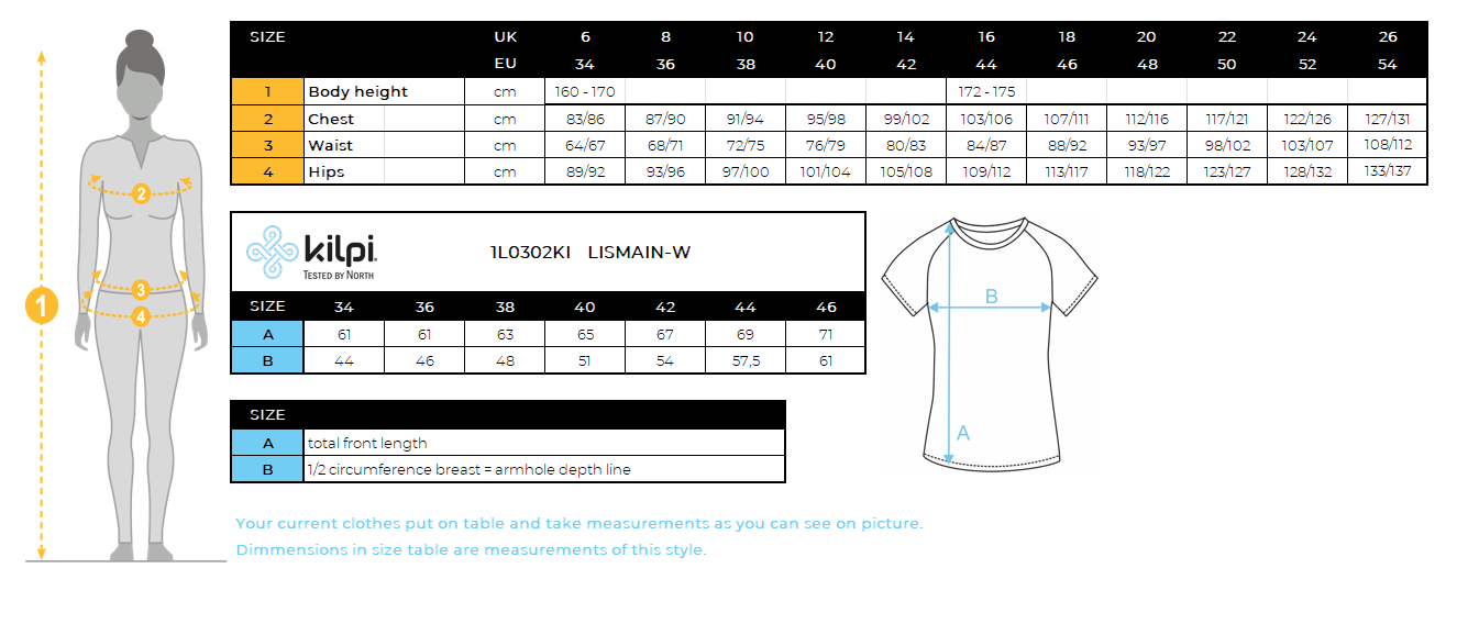 Women's technical T-shirt Kilpi LISMAIN-W – Size chart