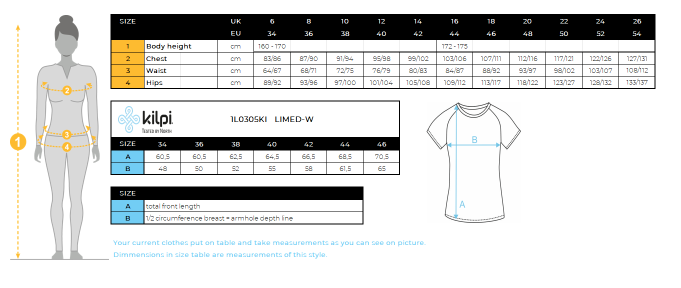 FEMMELe T-shirt technique de Kilpi LIMED-W – Size chart