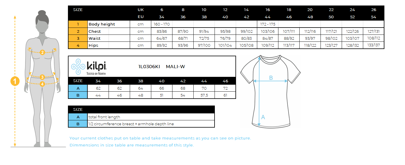 Women's functional T-shirt Kilpi MALI-W – Size chart
