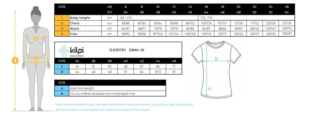 Women's functional T-shirt Kilpi DIMA-W – Size chart