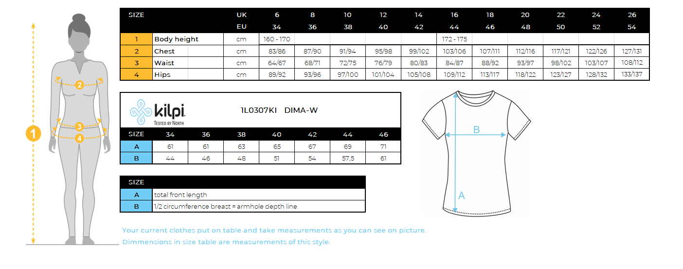Women's functional T-shirt Kilpi DIMA-W – Size chart