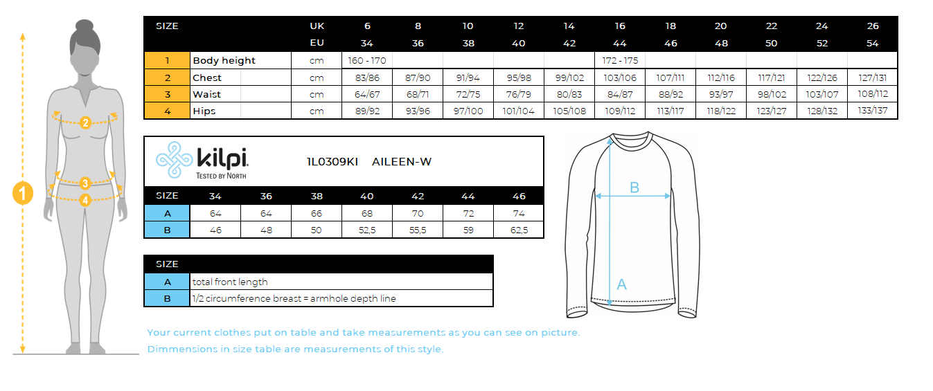Women's fitness sweatshirt Kilpi AILEEN-W – Size chart
