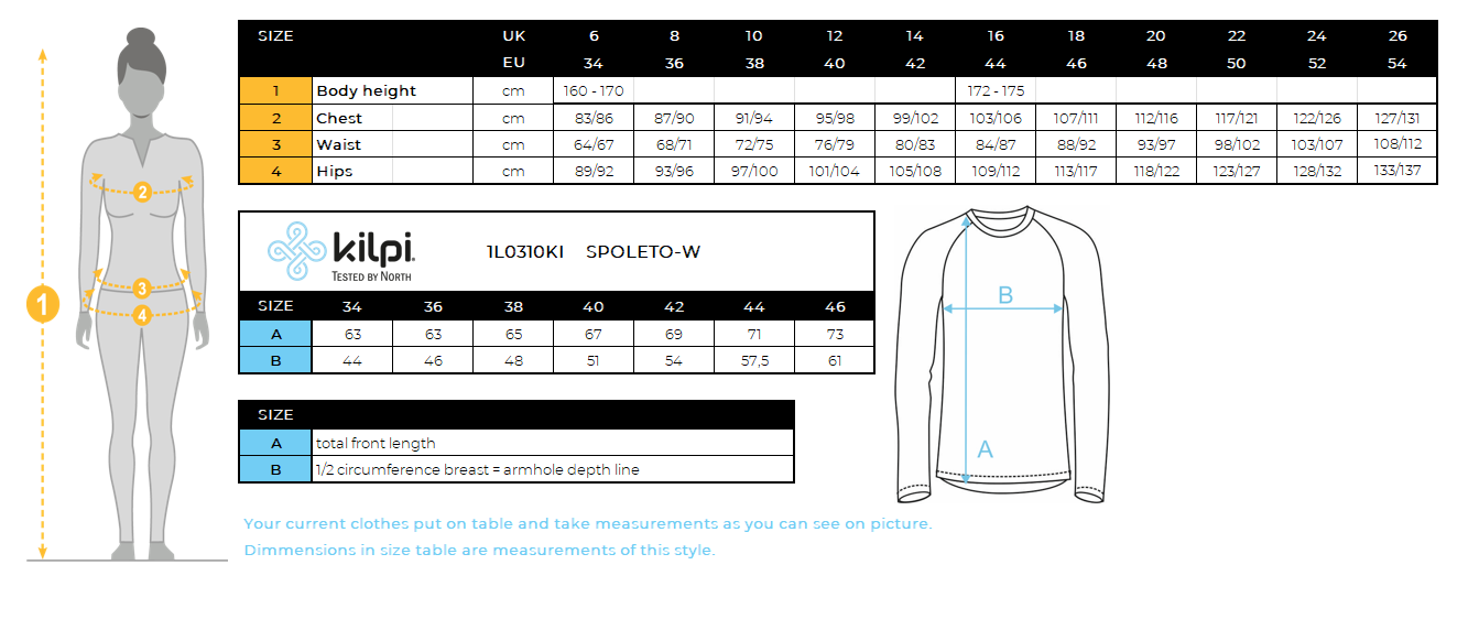 FEMMELe t-shirt fonctionnel à manches longues Kilpi SPOLETO-W – Size chart