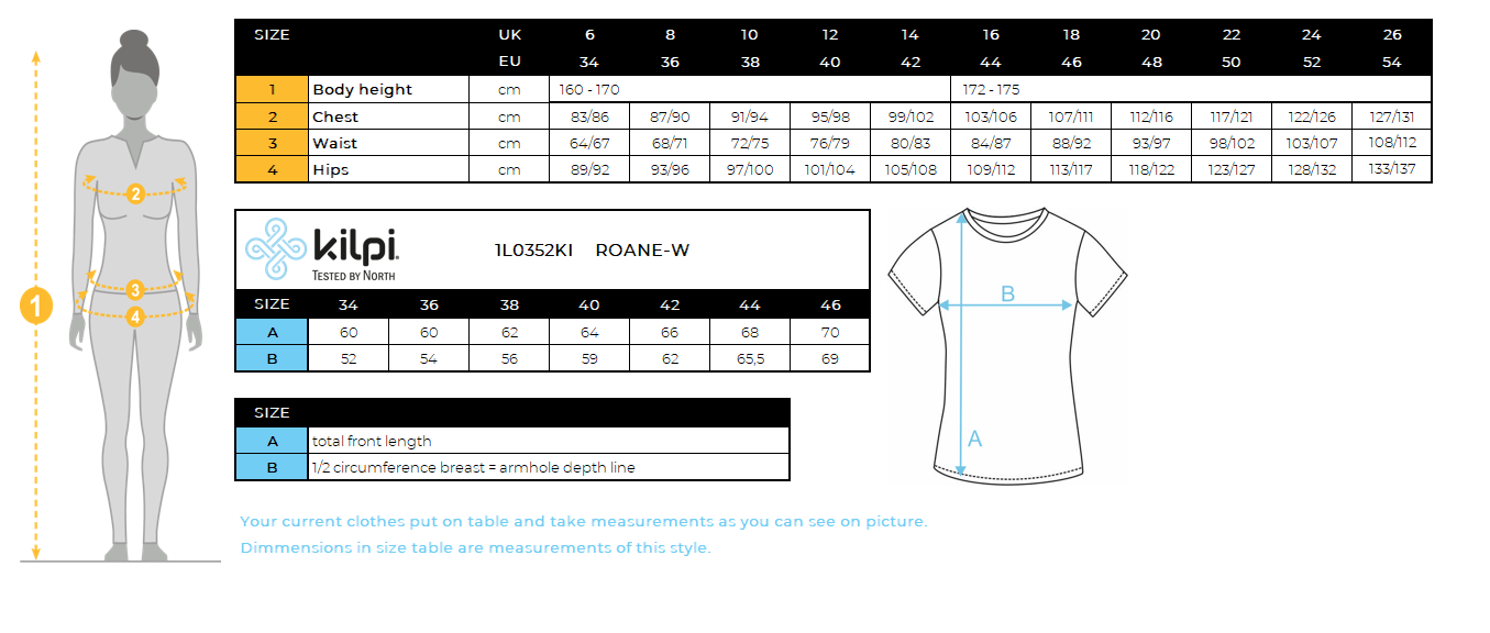 Women's cotton T-shirt Kilpi ROANE-W – Size chart