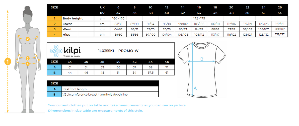 Women's cotton T-shirt Kilpi PROMO-W – Size chart
