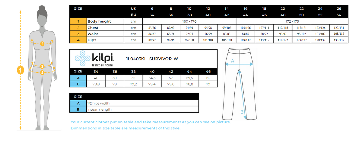 FEMMEle pantalon d'extérieur Kilpi SURVIVOR-W – Size chart