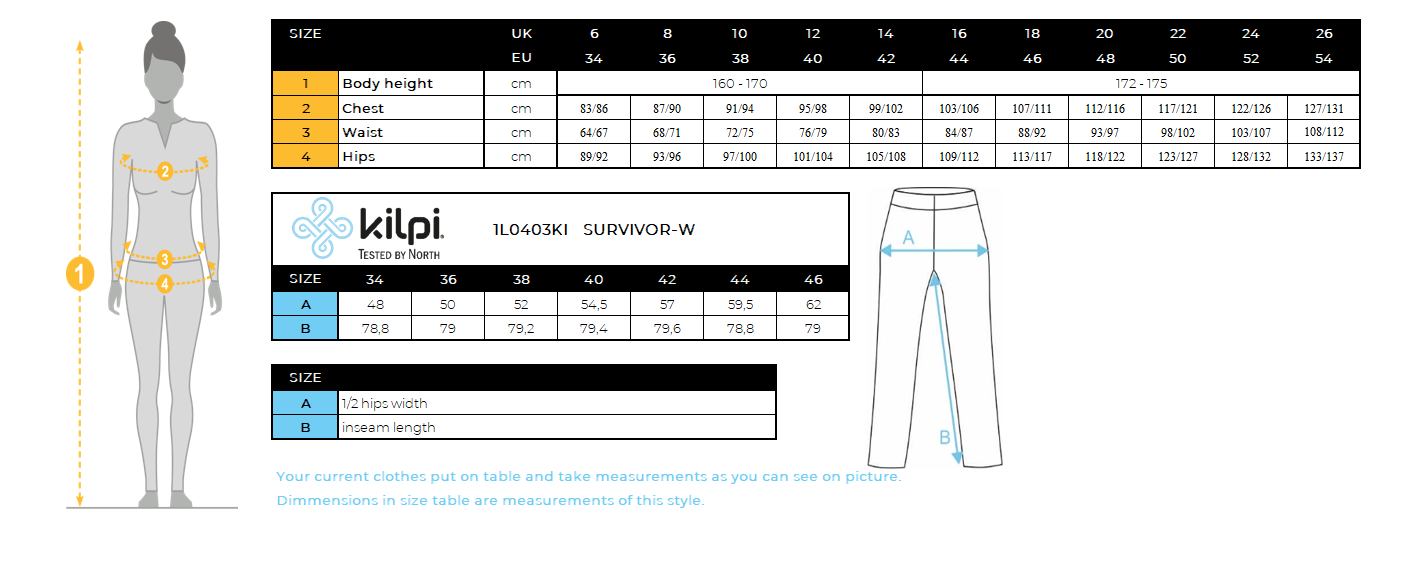 FEMMEle pantalon d'extérieur Kilpi SURVIVOR-W – Size chart