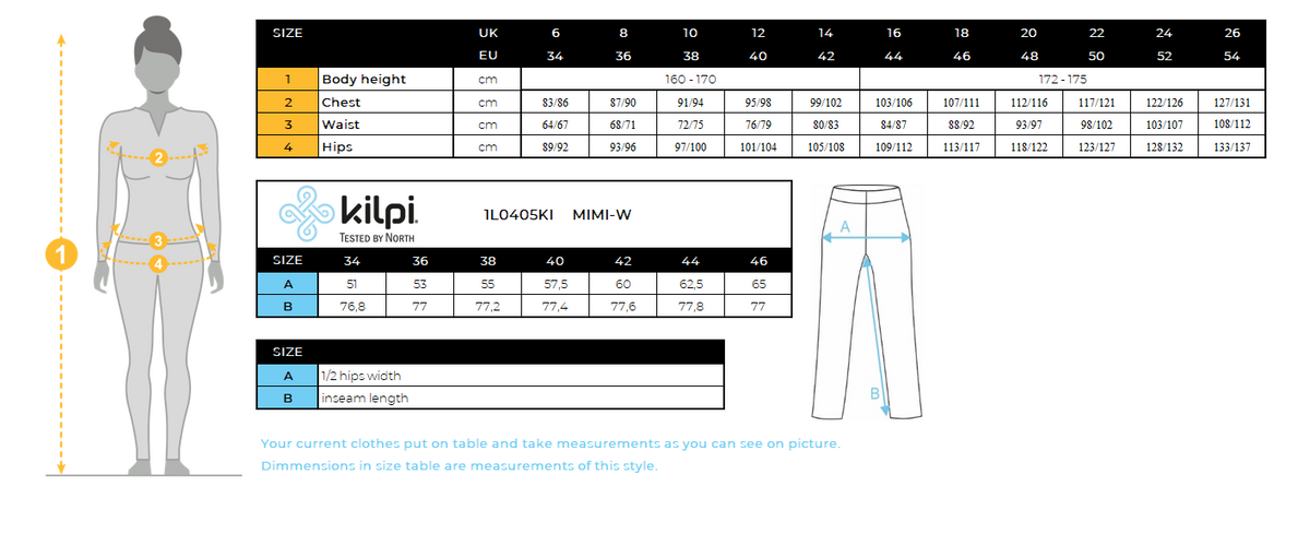 FEMMEle pantalon d'extérieur Kilpi MIMI-W – Size chart