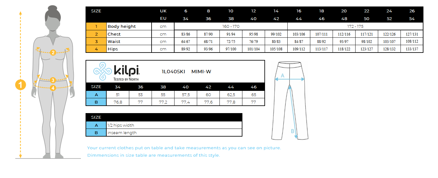 FEMMEle pantalon d'extérieur Kilpi MIMI-W – Size chart