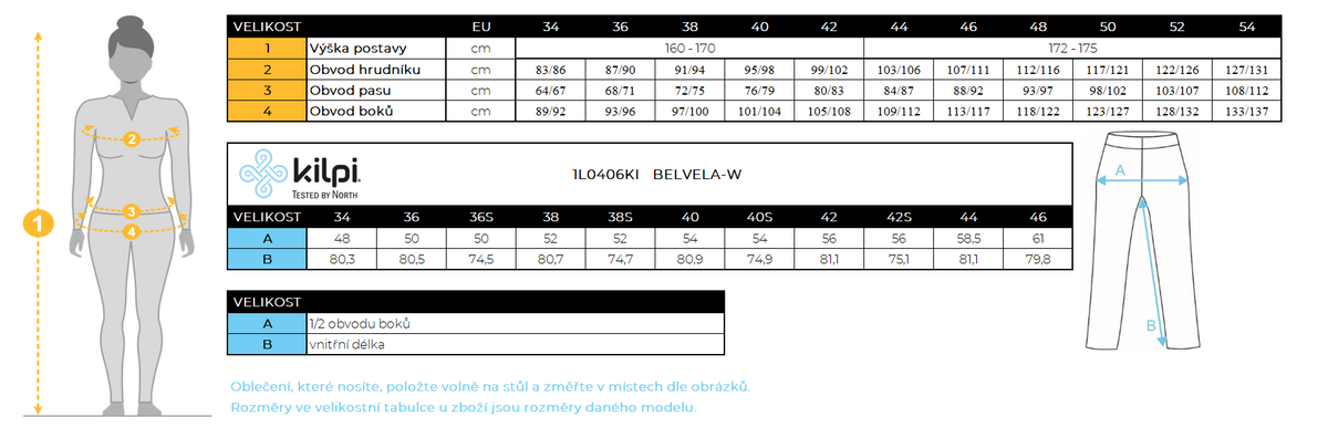 Women's outdoor pants Kilpi BELVELA-W – Size chart