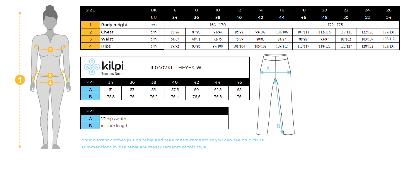 FEMMEle pantalon de course Kilpi HEYES-W – Size chart