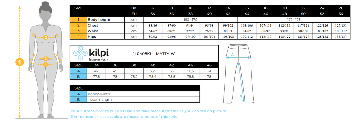 FEMMEle pantalon de survêtement en coton Kilpi MATTY-W – Size chart