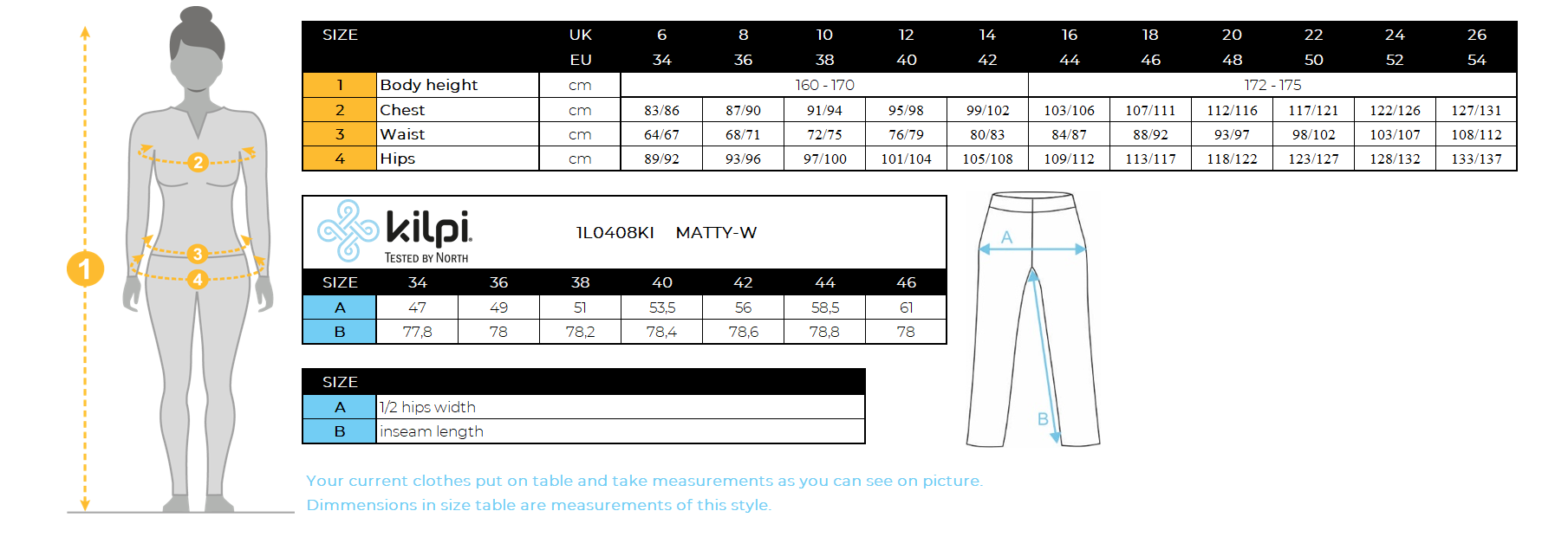 FEMMEle pantalon de survêtement en coton Kilpi MATTY-W – Size chart