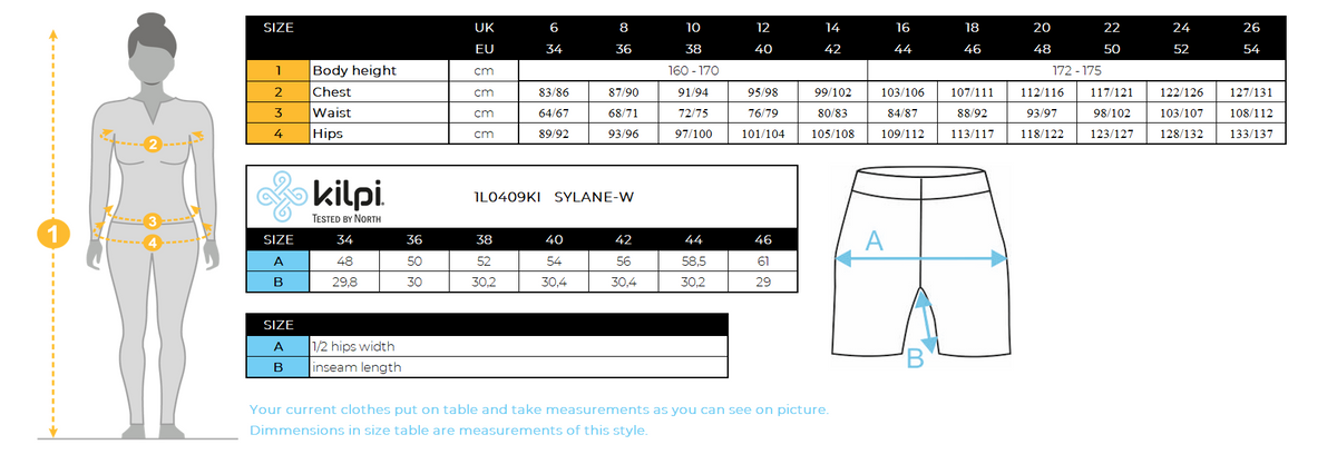 FEMMEle short d'extérieur Kilpi SYLANE-W – Size chart