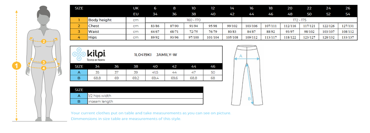 Women's sports leggings Kilpi JAMILY-W – Size chart