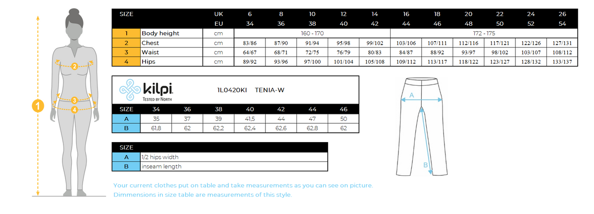 FEMMEles leggings de sport Kilpi TENIA-W – Size chart
