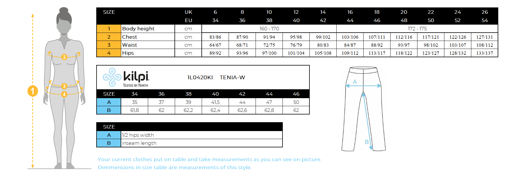 FEMMEles leggings de sport Kilpi TENIA-W – Size chart