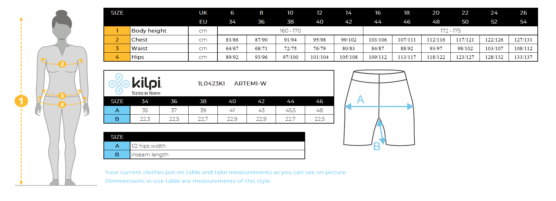 Women's short leggings Kilpi ARTEMI-W – Size chart