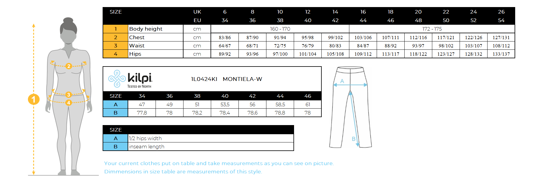 FEMMEle pantalon de survêtement en coton Kilpi MONTIELA-W – Size chart