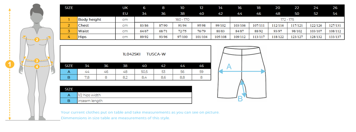 FEMMEle short en coton Kilpi TUSCA-W – Size chart
