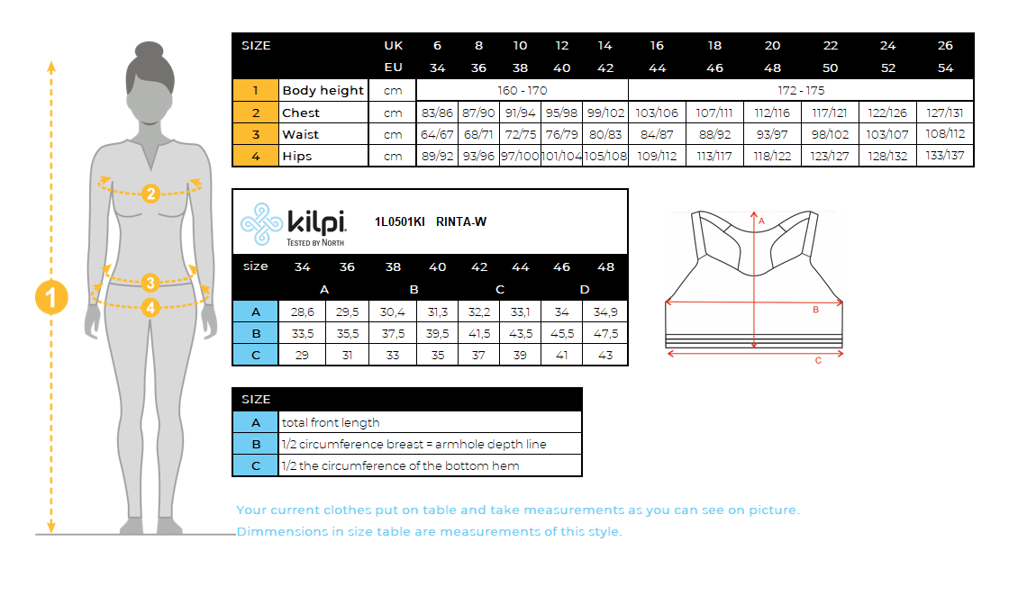 FEMMEle soutien-gorge de sport Kilpi RINTA-W – Size chart