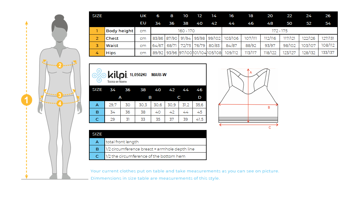 Women's sports bra Kilpi MARI-W – Size chart