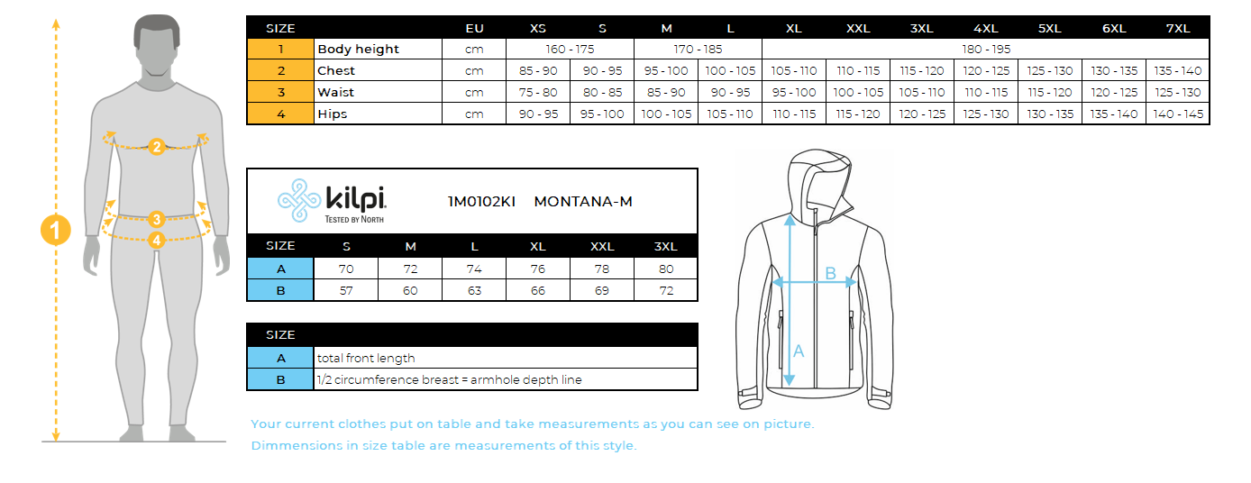 Men's membrane jacket Kilpi MONTANA-M – Size chart