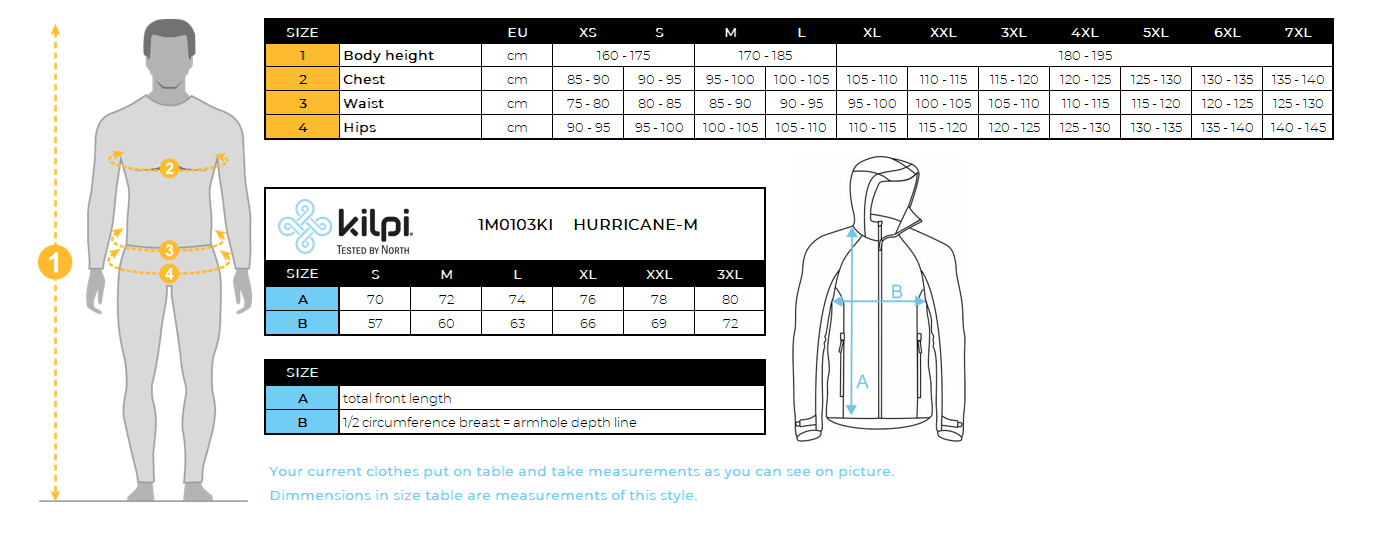 HOMMEla veste imperméable de Kilpi HURRICANE-M – Size chart